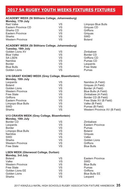 KWAZULU-NATAL HIGH SCHOOLS RUGBY ASSOCIATION FIXTURE HANDBOOK 2017 SEASON