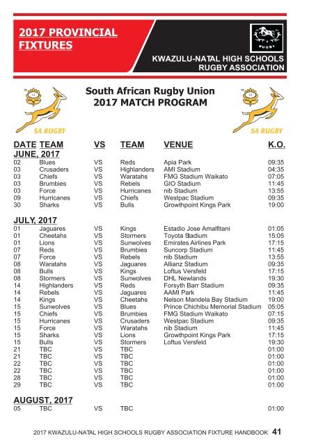 KWAZULU-NATAL HIGH SCHOOLS RUGBY ASSOCIATION FIXTURE HANDBOOK 2017 SEASON