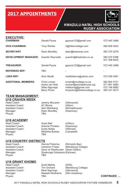 KWAZULU-NATAL HIGH SCHOOLS RUGBY ASSOCIATION FIXTURE HANDBOOK 2017 SEASON