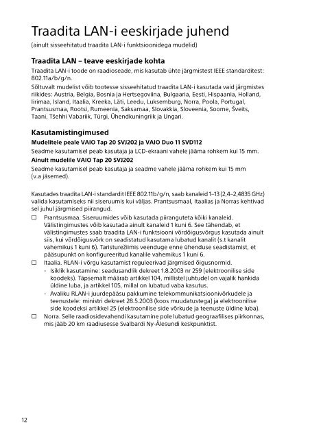 Sony SVD1121Q2R - SVD1121Q2R Documents de garantie Estonien
