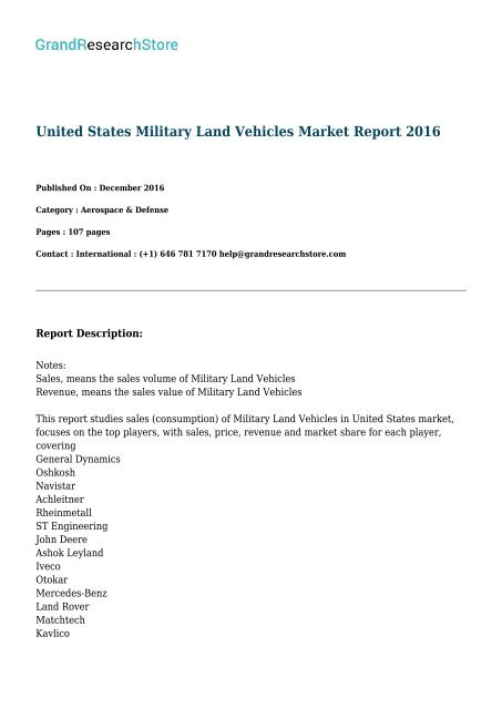 United States Military Land Vehicles Market Report 2016