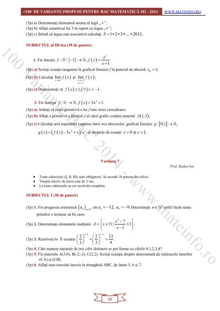 Culegere Online BAC Matematica Mate-Info, Stiintele Naturii 2014