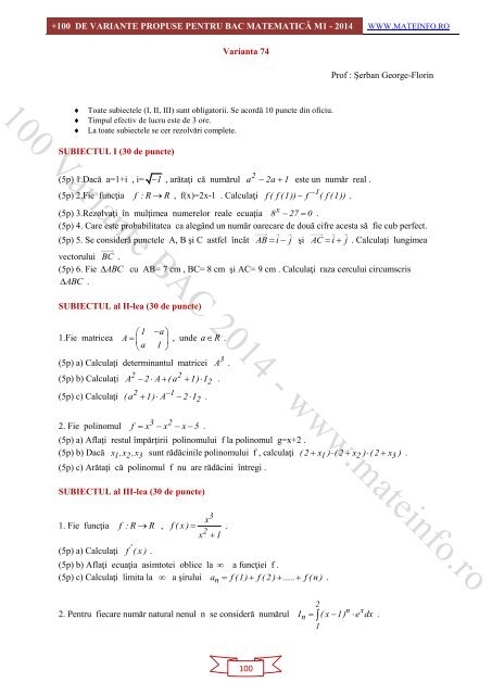 Culegere Online BAC Matematica Mate-Info, Stiintele Naturii 2014