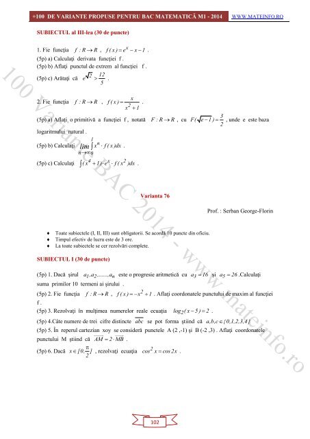 Culegere Online BAC Matematica Mate-Info, Stiintele Naturii 2014