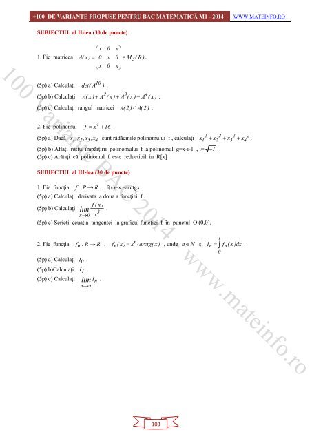 Culegere Online BAC Matematica Mate-Info, Stiintele Naturii 2014