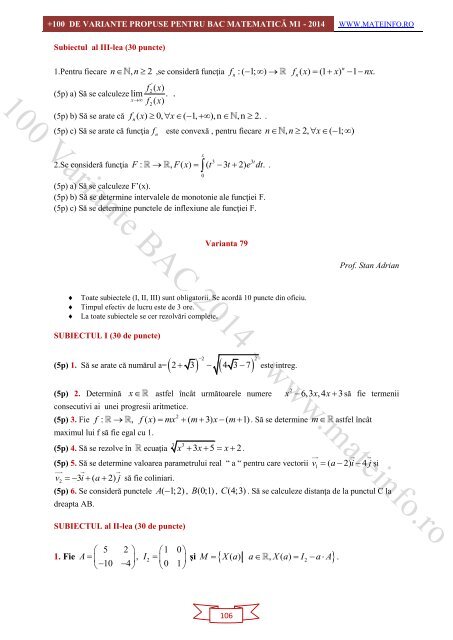 Culegere Online BAC Matematica Mate-Info, Stiintele Naturii 2014