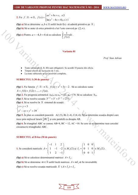 Culegere Online BAC Matematica Mate-Info, Stiintele Naturii 2014