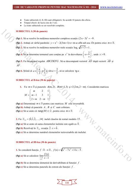 Culegere Online BAC Matematica Mate-Info, Stiintele Naturii 2014