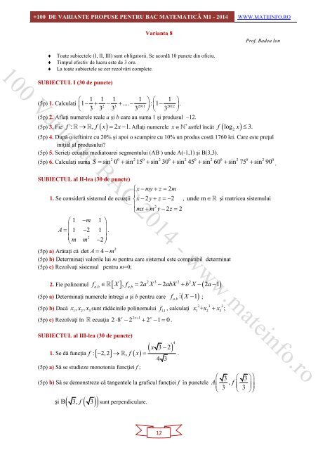 Culegere Online BAC Matematica Mate-Info, Stiintele Naturii 2014