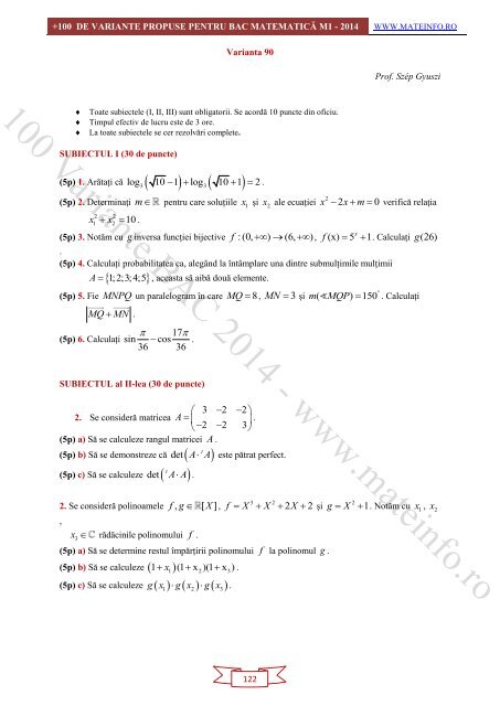 Culegere Online BAC Matematica Mate-Info, Stiintele Naturii 2014