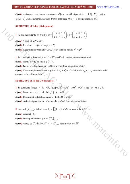 Culegere Online BAC Matematica Mate-Info, Stiintele Naturii 2014