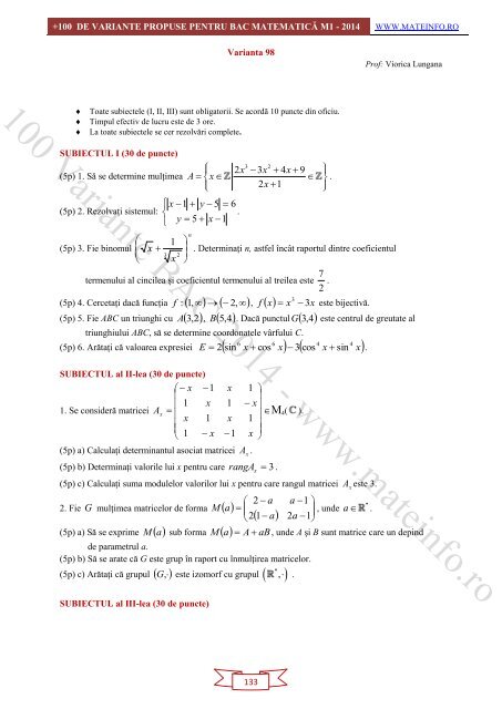Culegere Online BAC Matematica Mate-Info, Stiintele Naturii 2014