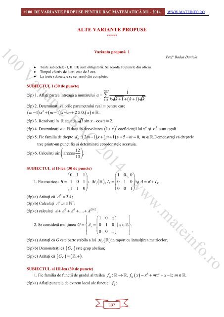 Culegere Online BAC Matematica Mate-Info, Stiintele Naturii 2014