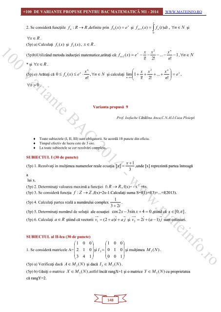Culegere Online BAC Matematica Mate-Info, Stiintele Naturii 2014