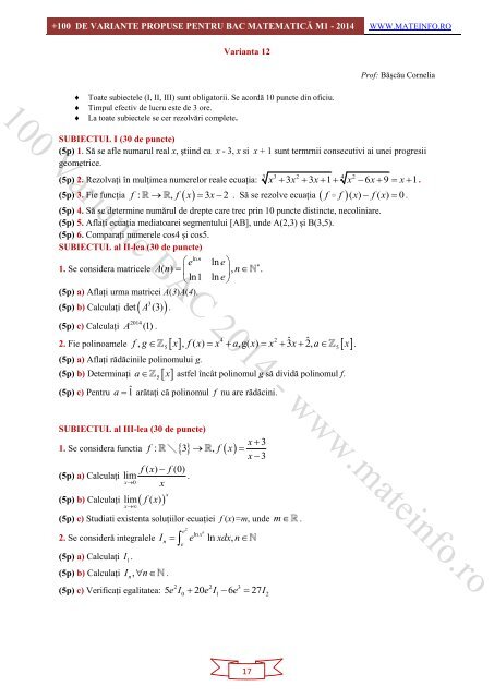 Culegere Online BAC Matematica Mate-Info, Stiintele Naturii 2014