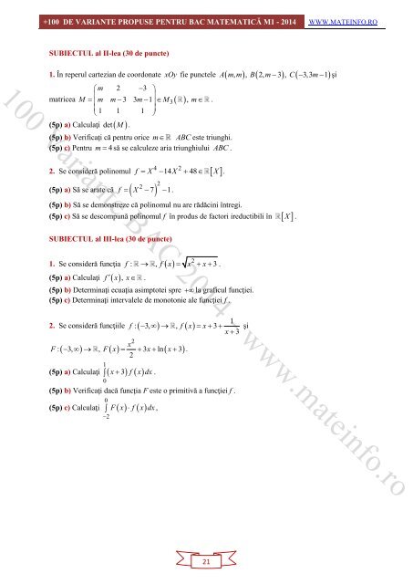 Culegere Online BAC Matematica Mate-Info, Stiintele Naturii 2014