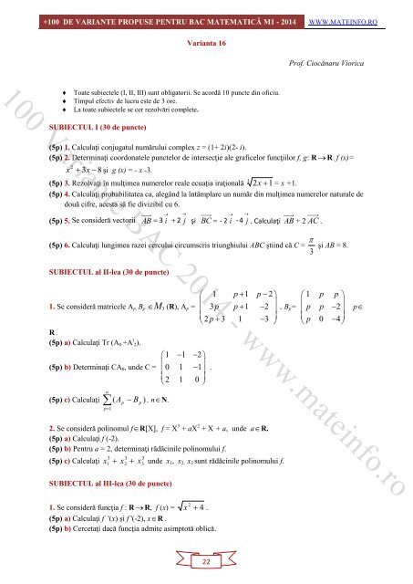 Culegere Online BAC Matematica Mate-Info, Stiintele Naturii 2014