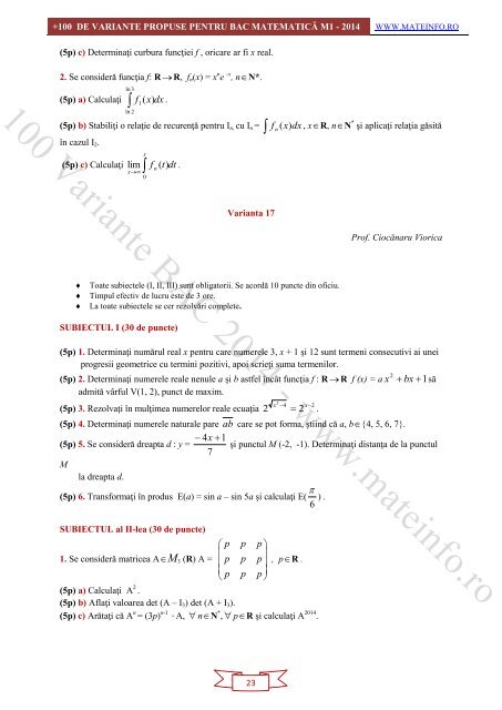 Culegere Online BAC Matematica Mate-Info, Stiintele Naturii 2014