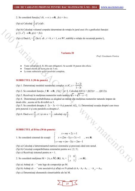 Culegere Online BAC Matematica Mate-Info, Stiintele Naturii 2014