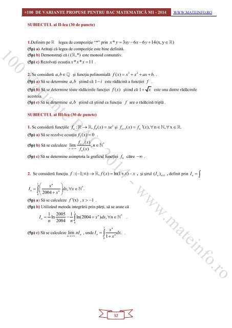 Culegere Online BAC Matematica Mate-Info, Stiintele Naturii 2014