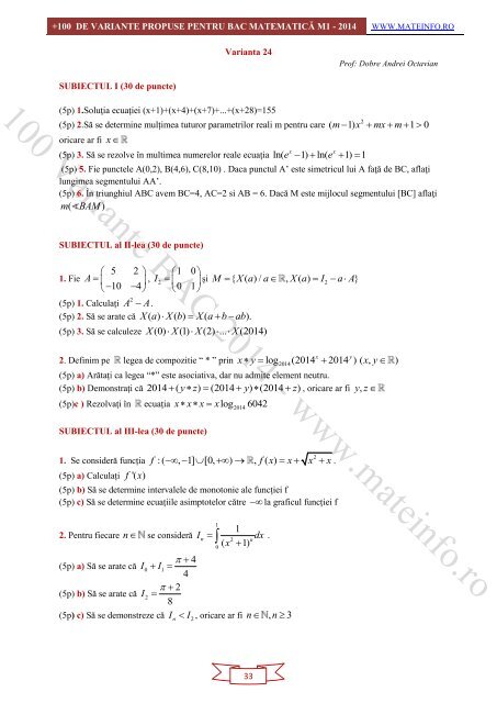 Culegere Online BAC Matematica Mate-Info, Stiintele Naturii 2014