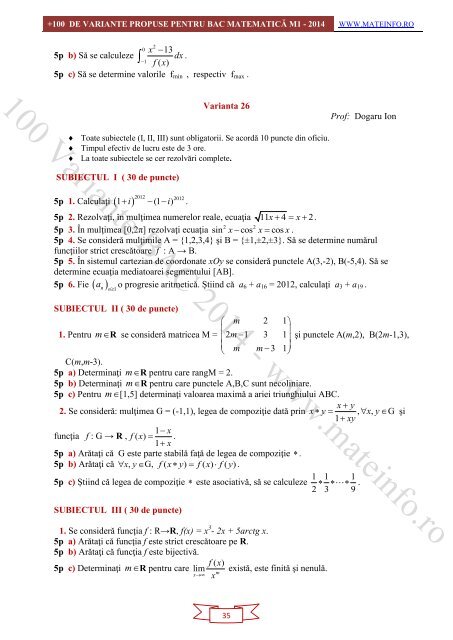 Culegere Online BAC Matematica Mate-Info, Stiintele Naturii 2014