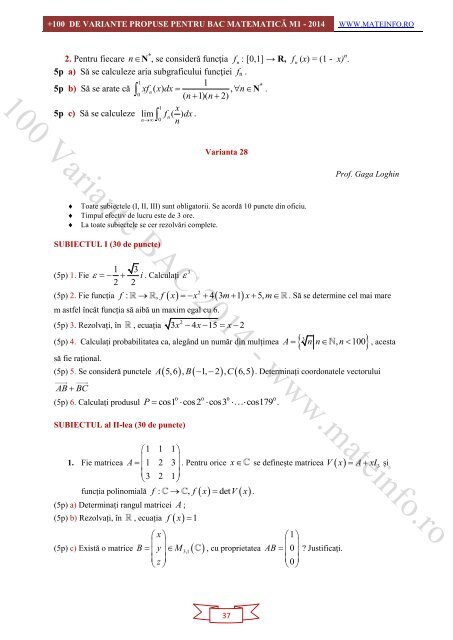 Culegere Online BAC Matematica Mate-Info, Stiintele Naturii 2014