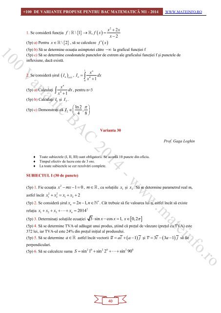 Culegere Online BAC Matematica Mate-Info, Stiintele Naturii 2014