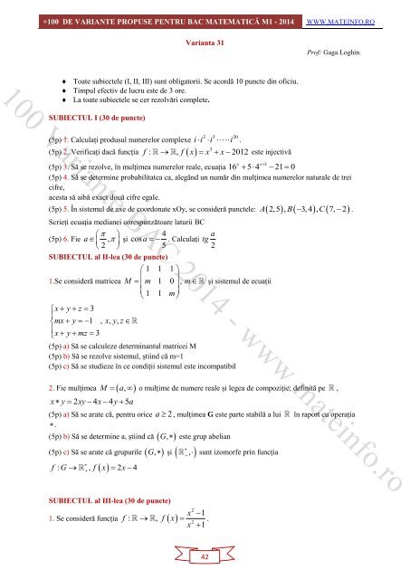 Culegere Online BAC Matematica Mate-Info, Stiintele Naturii 2014