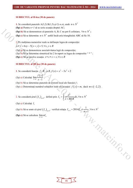 Culegere Online BAC Matematica Mate-Info, Stiintele Naturii 2014