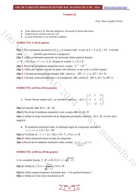 Culegere Online BAC Matematica Mate-Info, Stiintele Naturii 2014