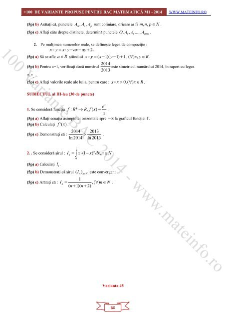 Culegere Online BAC Matematica Mate-Info, Stiintele Naturii 2014