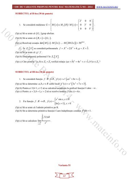 Culegere Online BAC Matematica Mate-Info, Stiintele Naturii 2014