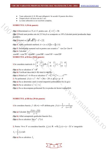 Culegere Online BAC Matematica Mate-Info, Stiintele Naturii 2014