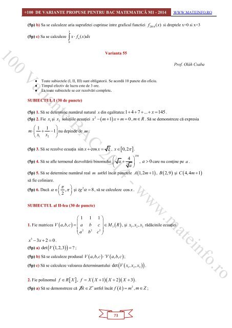 Culegere Online BAC Matematica Mate-Info, Stiintele Naturii 2014