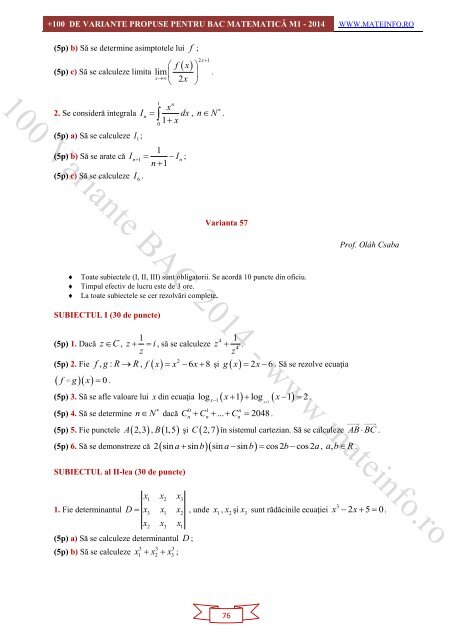 Culegere Online BAC Matematica Mate-Info, Stiintele Naturii 2014