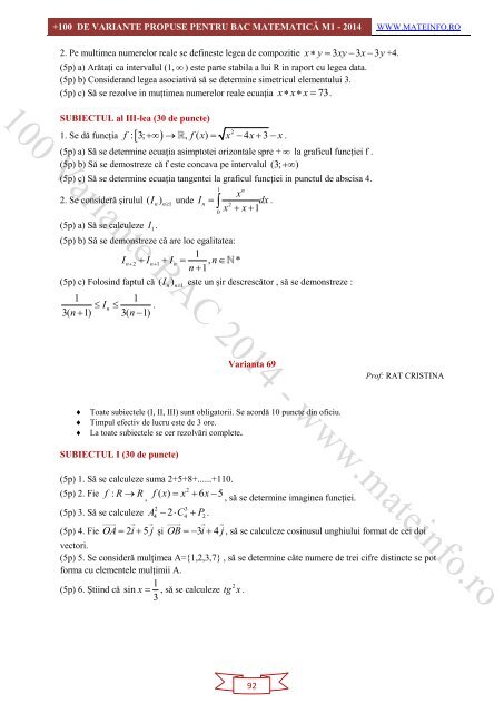 Culegere Online BAC Matematica Mate-Info, Stiintele Naturii 2014