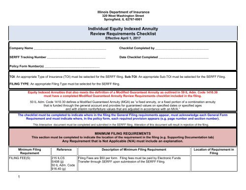 Individual Equity Indexed Annuity Review Requirements Checklist