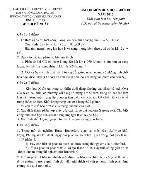 30 đề thi học sinh giỏi môn hóa học lớp 10 & 11 của các trường chuyên khu vực duyên hải đồng bằng bắc bộ có đáp án