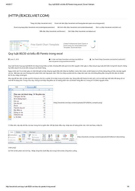 Quy luật 80_20 và biểu đồ Pareto trong excel _ Excel Vietnam