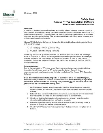 Safety Alert Abacus™ TPN Calculation Software - Baxa