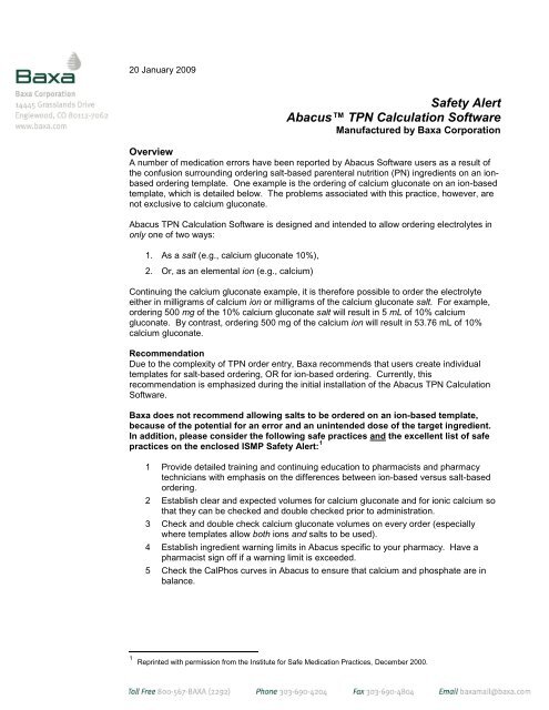 Safety Alert Abacus™ TPN Calculation Software - Baxa