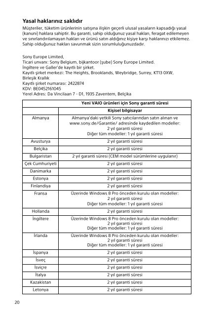 Sony SVE1713A6E - SVE1713A6E Documents de garantie Turc