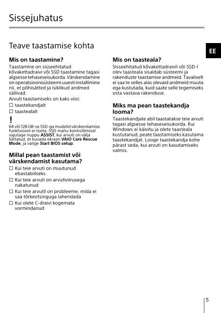 Sony SVE1713A6E - SVE1713A6E Guide de d&eacute;pannage Estonien