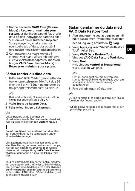 Sony SVE1713A6E - SVE1713A6E Guide de d&eacute;pannage Danois