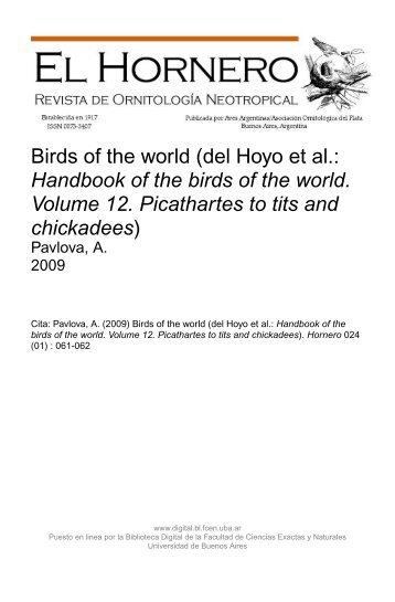Handbook of the birds of the world. Volume 12. Picathartes to tits ...