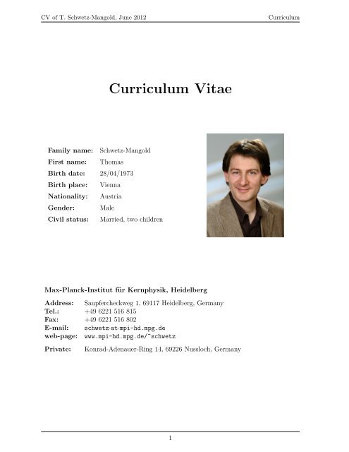 Curriculum Vitae - Dr. Thomas Schwetz-Mangold - CERN