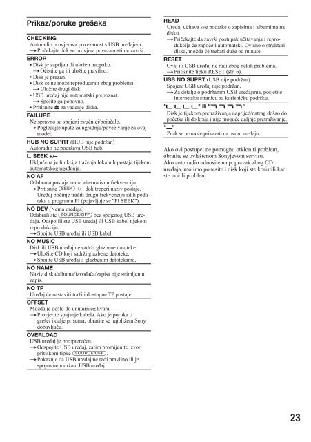 Sony CDX-GT440U - CDX-GT440U Mode d'emploi Croate