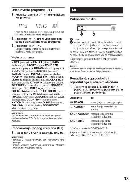 Sony CDX-GT440U - CDX-GT440U Mode d'emploi Croate