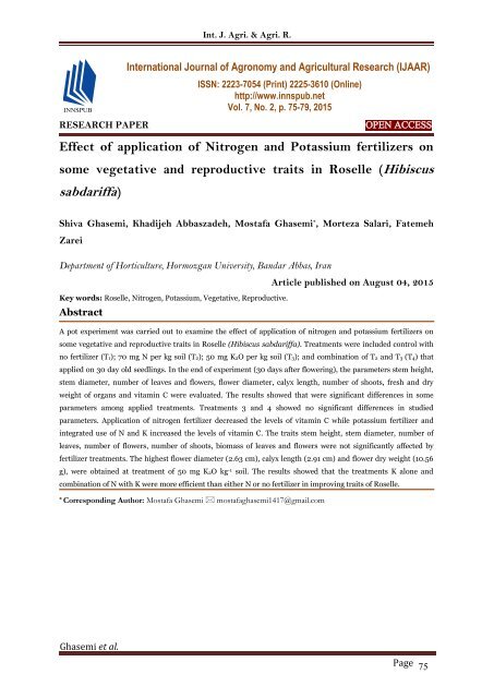 Effect of application of Nitrogen and Potassium fertilizers on some vegetative and reproductive traits in Roselle (Hibiscus sabdariffa)